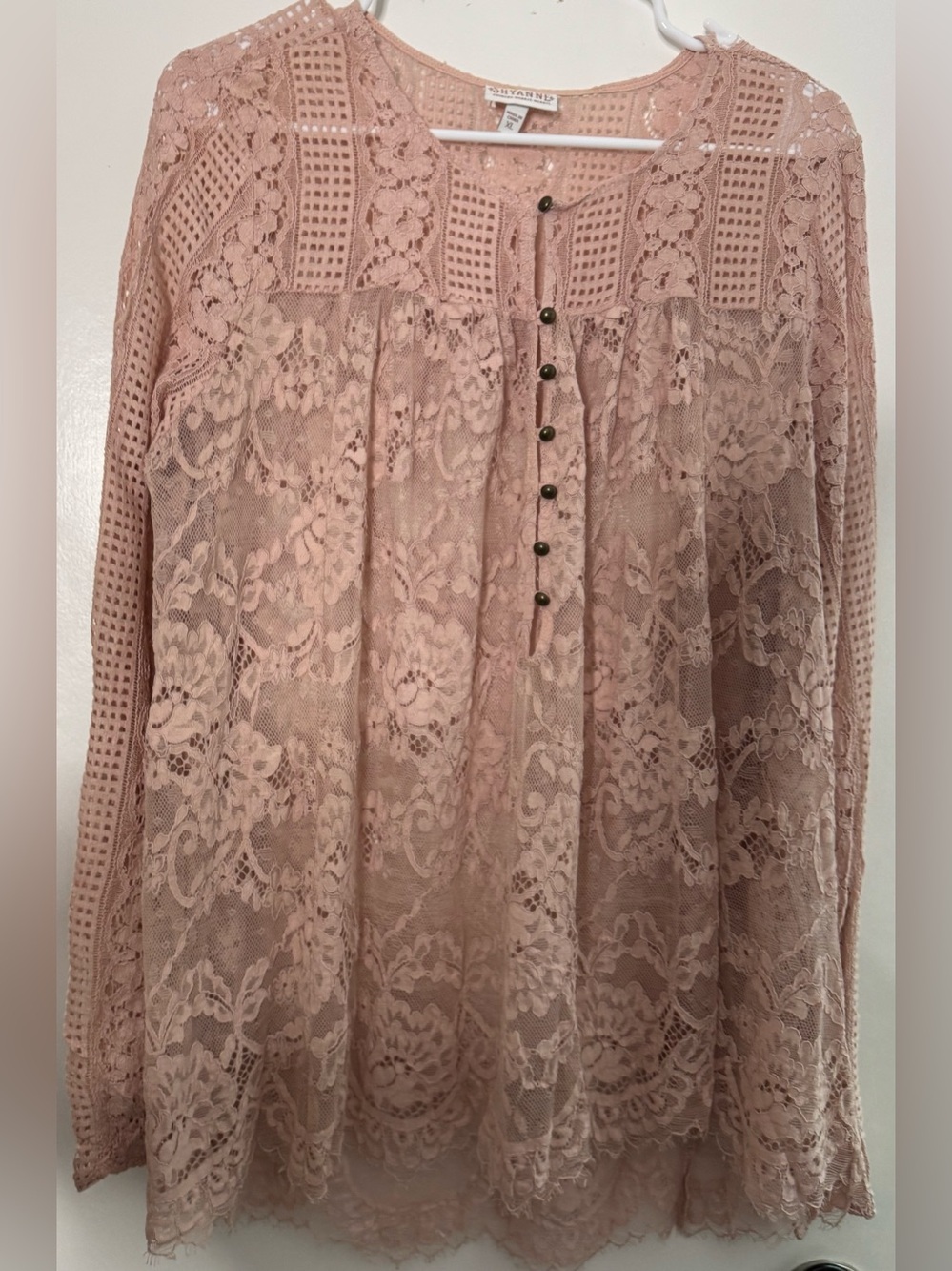 Shyanne Blush Lace Crochet-Panel Button Front Blouse size xl flowy